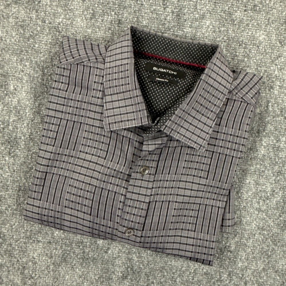 Bugatchi Classic Fit Shirt Mens XL Black Gray Plaid Long Sleeve Flip Cuff Cotton